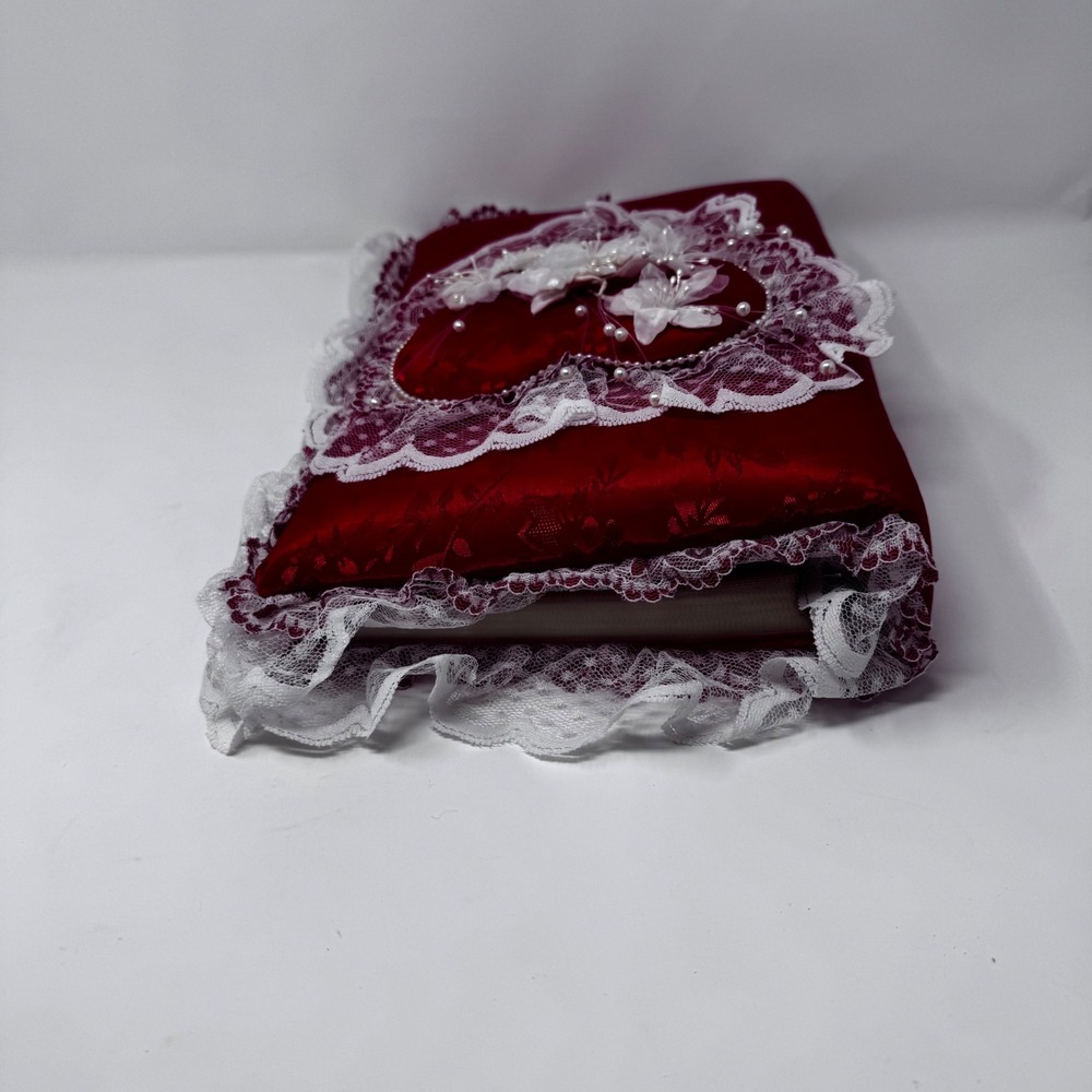 Vintage Red Satin Heart Lace Photo Album Floral Damask 3-Ring Binder Keepsake - Picture 2 of 10